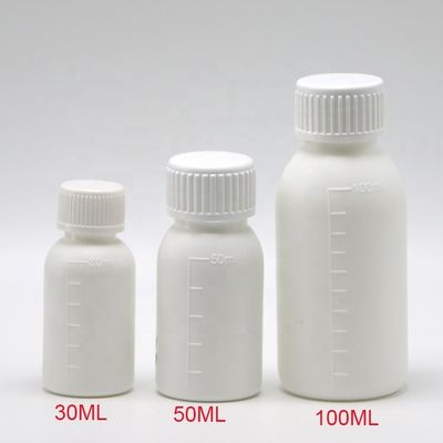 30 mL/50 mL/100 mL PP weiße Flüssigkeitsflasche mit Skalierkörper und Bildschirmdruck