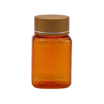 90 ml / 3oz PET-Quadrat-Gelb/Orange-Kapsel-Pillenflasche mit Rose Gold-Kappe und Wärmesiegel